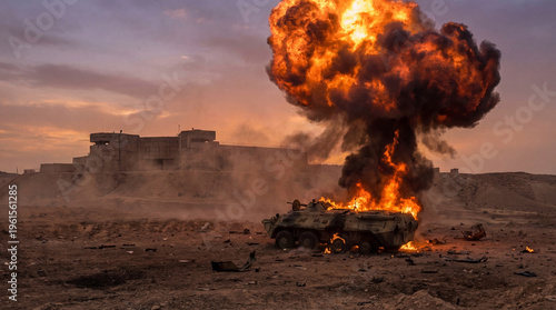 Fotografía Massive explosion engulfs a military armored vehicle in a desolate desert at dusk