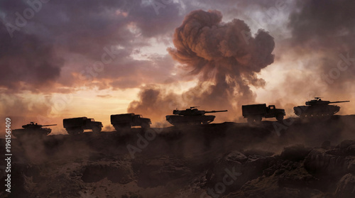 Foto Silhouettes of military vehicles on a battlefield with a distant explosion under a dramatic sky photograph