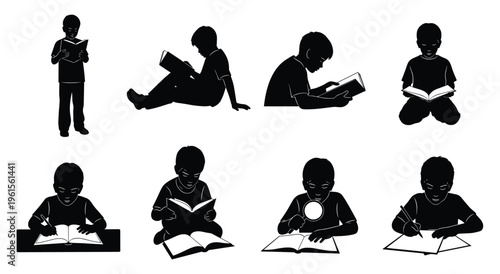 Boy reading and writing in silhouette