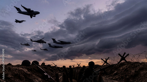 Obraz na plátně A dramatic photograph showing military silhouettes in a trench with barbed wire