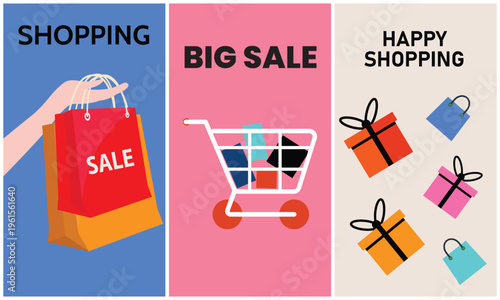 Big sale shopping vector illustration with sale tags, gift boxes, and happy shopping basket on vibrant background