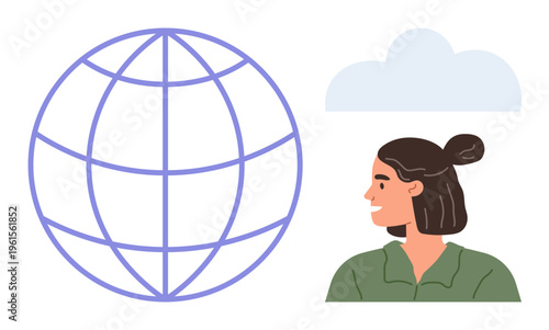 Global communication, human connection, social networking, environmental awareness, international collaboration, internet access. A purple globe, a person looking sideways a cloud. Global