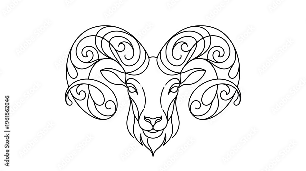 Fototapeta premium Intricate line art illustration of a ram's head with ornate, swirling horns on a white background, showcasing detailed line work and graphic design elements