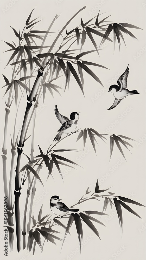 Fototapeta premium Flying birds bamboo ink art