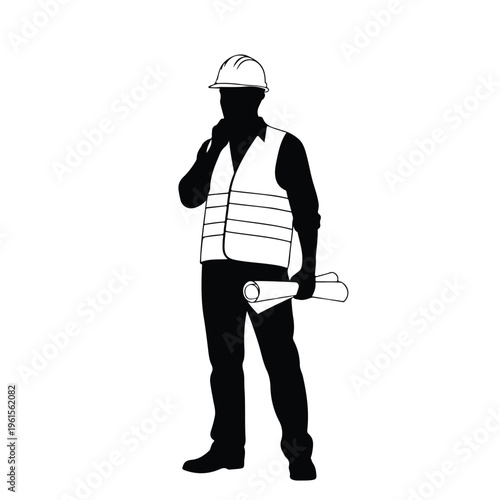 Male Engineer Silhouette Holding Blueprint Plans