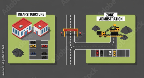 Isometric Illustration of Infrastructure and Zone Administration with Roads and Buildings.
