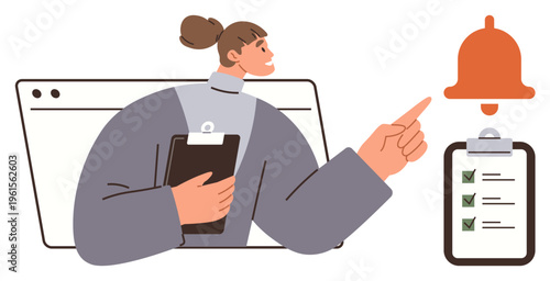 Task management, notifications, reminders, productivity, organization, workplace efficiency. Woman holding a clipboard and pointing at a notification bell. Task management and notifications concept