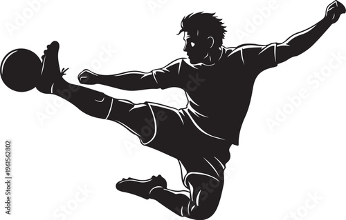 Silhouette of a man kicking a soccer ball high