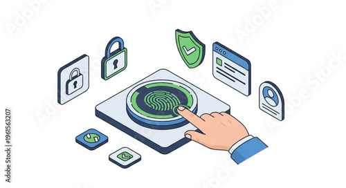 Isometric Fingerprint Authentication System with Security Icons and User Interface Elements.