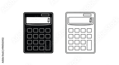 Two distinct vector calculator illustrations, one solid black and one outline, representing mathematical tools and financial calculations in a clean graphic design.