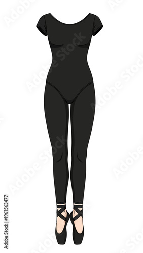 Sleek black leotard and ballet shoes, perfect for dance practice and performance