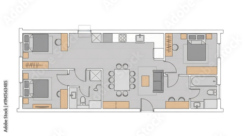 Modern Apartment Floor Plan With Three Bedrooms and Open Concept Living