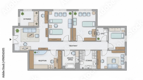 Medical office floor plan with reception and treatment rooms