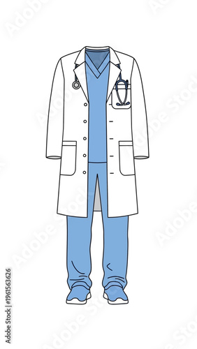 Medical uniform with coat and scrubs, representing healthcare professionals and medical practitioners