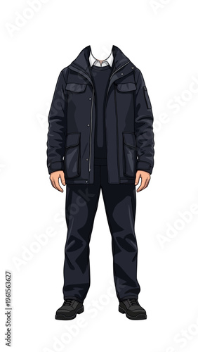 A man wearing a navy blue uniform including a jacket and trousers