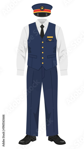 Illustration of a traditional railway conductor uniform including a white shirt, blue vest, navy trousers, and cap