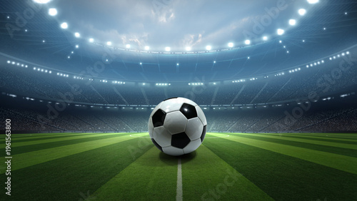 Football ball on the pitch with stadium lights at night. An imaginary stadium is modelled and rendered.