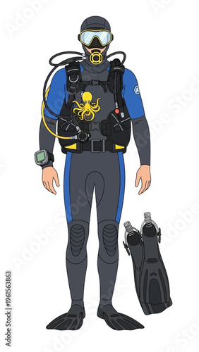 Illustration of a full-body wetsuit diver with scuba gear and fins, ready for underwater exploration