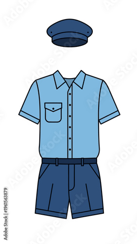 Light blue short-sleeved uniform with cap and shorts, a classic style for service personnel
