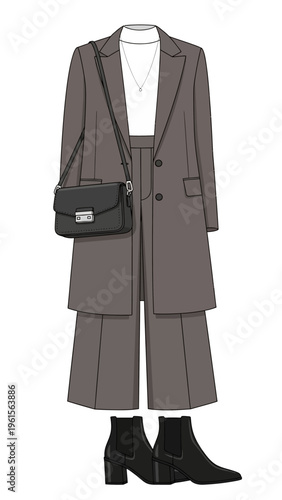 Fashionable women's ensemble featuring a stylish grey coat, matching trousers, and elegant ankle boots with a crossbody bag