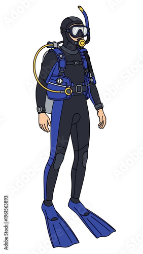 Scuba diver wearing wetsuit mask snorkel and flippers ready for underwater exploration