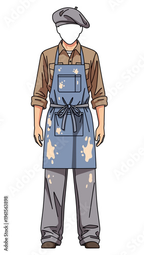 Artist's traditional uniform with beret, paint-splattered apron, and collared shirt for creative endeavors