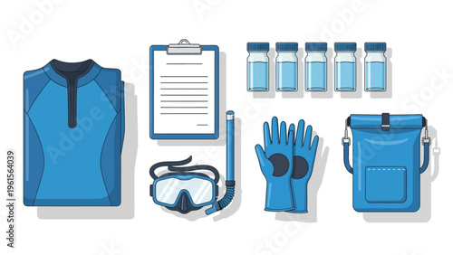 Collection of diving and scientific research equipment laid out on a white background, including a wetsuit, mask, snorkel, clipboard, vials, gloves, and a bag