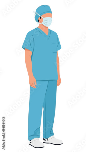 Medical professional in scrubs and surgical mask, full body view, isolated on white background