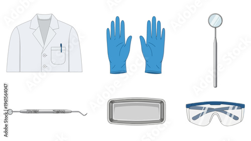 A collection of dental hygiene tools and protective equipment, including a lab coat, gloves, mirror, scaler, tray, and safety glasses