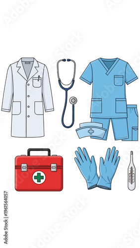 Medical supplies and clothing for healthcare professionals, including a doctor's coat, stethoscope, scrubs, gloves, and first aid kit