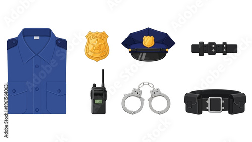 Collection of police uniform accessories and equipment, including a badge, cap, handcuffs, radio, and belt
