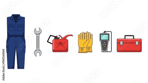 Collection of automotive repair tools and workwear, including a blue jumpsuit, wrench, fuel can, gloves, diagnostic scanner, and toolbox
