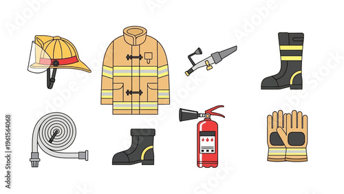 Firefighter Equipment Icons Protective Gear, Hose, and Extinguisher