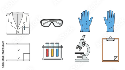 Collection of laboratory equipment and safety gear, including a lab coat, safety goggles, gloves, test tubes, microscope, and clipboard for scientific research and experiments