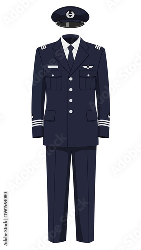 Pilot uniform consisting of a navy blue jacket, trousers, and a cap with insignia