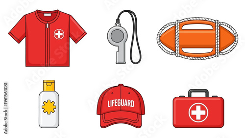 Lifeguard equipment set, including a red jacket, whistle, sunscreen, cap, lifebuoy, and first aid kit, all on a white background