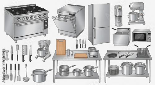 Commercial Kitchen Equipment, Stainless Steel Appliances, Restaurant Equipment, Catering Tools, Cooking Equipment Vector Collection for Professional Food Service Industry