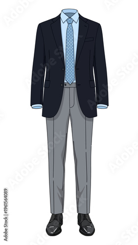 Formal Business Attire - Navy Blazer, Light Blue Shirt, Textured Tie, and Gray Trousers