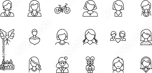 Diverse collection of line art female avatar and people icons, featuring women characters, couples, and related symbols like bicycle and cake.