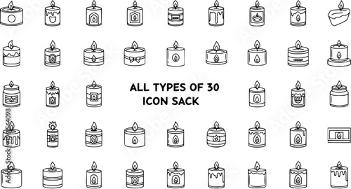 Minimalist Black  White Outline Candle Icons Set. Hand-Drawn Line Art Vector Collection of Various Burning Wax Candles for Design Projects