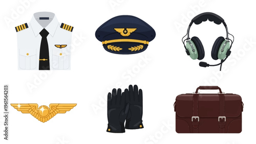 Pilot uniform and accessories, a collection of flight gear essentials for aviation professionals including shirt, cap, headset, wings, gloves, and briefcase