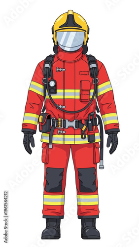 Firefighter uniform and protective gear, detailed illustration of a firefighter's full protective suit