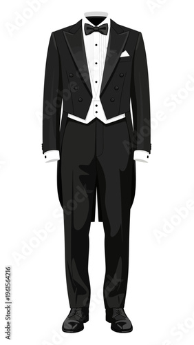 Formal evening wear for men, a classic tuxedo with a white vest and black bow tie, perfect for special occasions