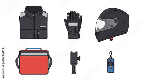 Collection of motorcycle gear and accessories, including jacket, gloves, helmet, cooler bag, mount, and keychain