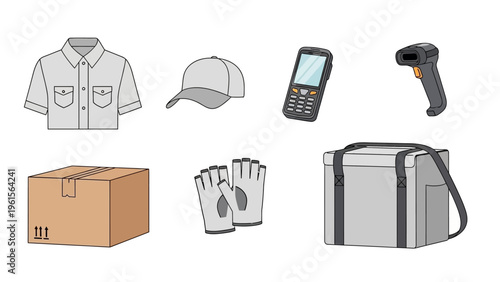 Collection of items for delivery and logistics, including uniform, cap, scanner, package, and insulated bag