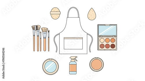 Collection of makeup tools and products for beauty application and personal grooming, including brushes, powder, and an apron