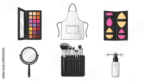 A Collection of Cosmetic and Beauty Tools Makeup Palette, Mirror, Brushes, Apron, Sponges, and Spray Bottle