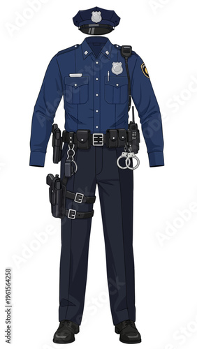 Illustration of a complete police officer's uniform with accessories