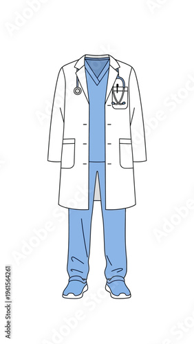 White doctor's coat with light blue scrubs and stethoscope, symbolizing medical profession and healthcare