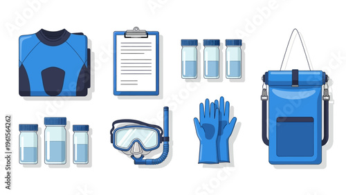 Collection of underwater diving equipment and medical supplies for aquatic exploration and safety